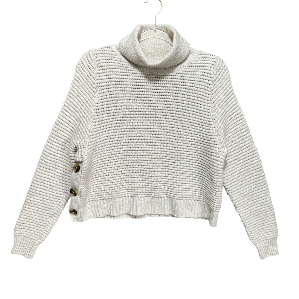 Madewell Side Button Cream Turtleneck Chunky Sweater Merino Wool Blend Sz S Boxy